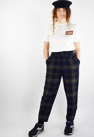 BEAUTIFUL VINTAGE HIGH WAISTED GREEN TARTAN TAPERED TROUSERS