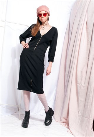 VINTAGE ZIP DRESS 90S BLACK LONG SLEEVE GRUNGE MIDI DRESS
