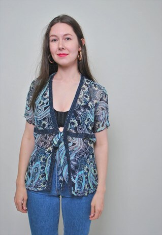 PAISLEY PRINT BLOUSE, WOMEN SHIRT FROM 90S IN BLUE COLOR