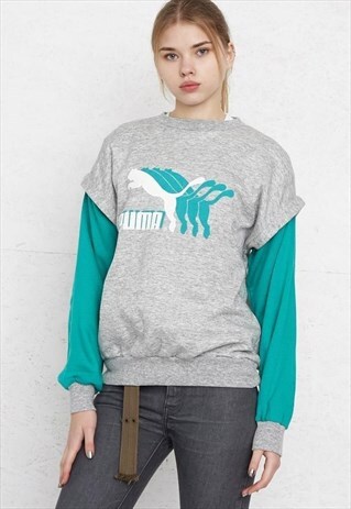 VINTAGE GREY GREEN PUMA CREW NECK PULLOVER SWEATSHIRT