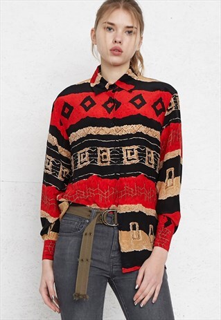 VINTAGE RED BLACK SNOW LONG SLEEVE SILK SHIRT