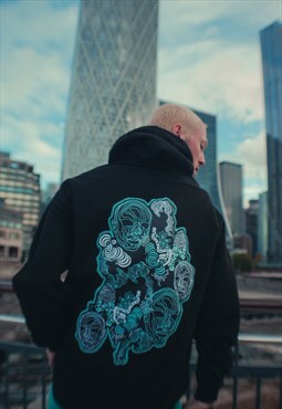 Psychedelic Print Rave Hoodie With Back Patch