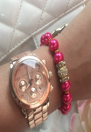 HOT PINK AND GOLD SWAROVSKI CRYSTAL AND PEARL BEAD BRACELET