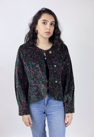 VINTAGE 90'S FLOWER PATTERNED BLACK VELOUR JACKET