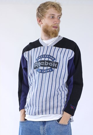 VINTAGE MENS REEBOK STRIPED BIG LOGO SWEATSHIRT