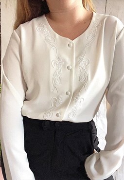 Vintage White Floral Embroidered 80's Blouse Top