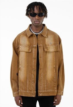 Acid wash denim jacket jean bomber in tie-dye brown