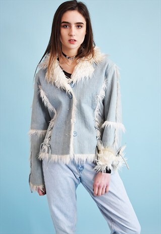 90'S RETRO DENIM FITTED FAUX FUR DETAILED JACKET