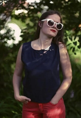 VINTAGE 90'S NAVY LEAF DECORATED SLEEVELESS BLOUSE