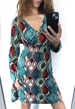 70s Geo Print Colorful Dress - M