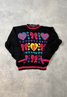 Vintage Abstract Knitted Jumper Heart Patterned Sweater