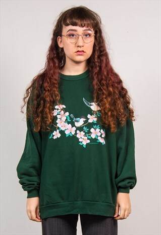 VINTAGE 90'S GREEN BIRDS & FLORAL PRINT OVERSIZED SWEATSHIRT