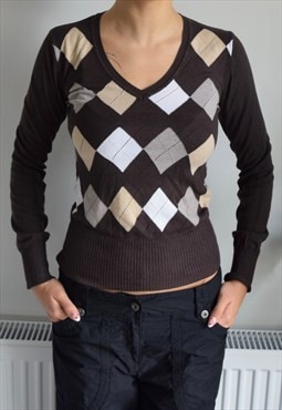 Next Womens Long Sleeve Argyle Jumper Brown Size S Y2K