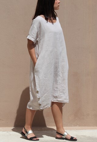 VINTAGE Y2K BOHO BEIGE LINEN OVERSIZED MIDI TUNIC DRESS