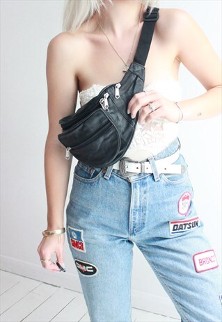 VINTAGE 90S Y2K DEADSTOCK BLACK LEATHER CROSS BODY BUM BAG
