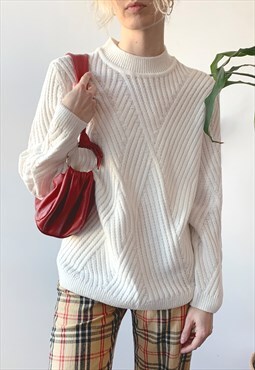 Vintage 90's White Unisex Ribbed Baggy Knit Pullover Jumper