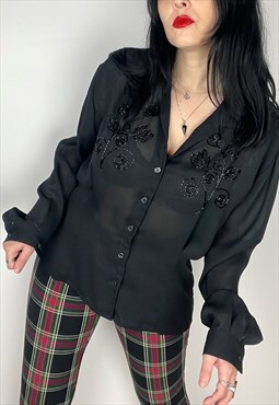 Vintage Grunge style Semi sheer black beaded detail blouse