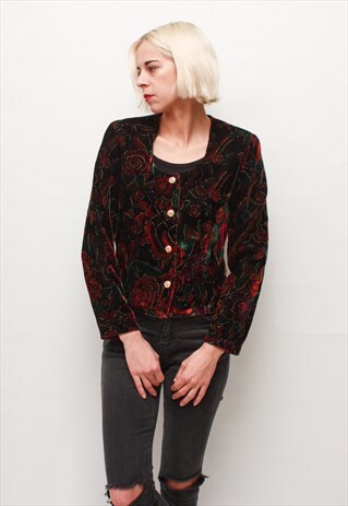 VINTAGE 80' VELOUR FLOWER TEXTURE JACKET WITH GOLD BUTTON