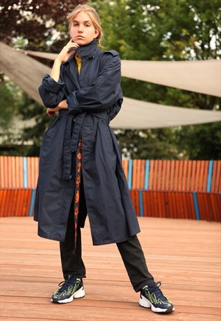 VINTAGE 90'S OVERSIZE TRENCH UNISEX OVERCOAT NAVY BLUE