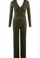 Ribbed Cardigan and Wide Leg Trouser Set In Khaki