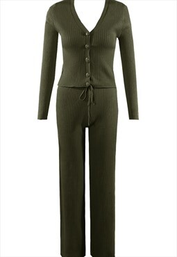 Ribbed Cardigan and Wide Leg Trouser Set In Khaki