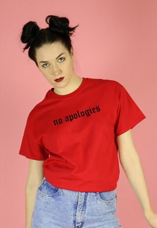 NO APOLOGIES GRAPHIC SLOGAN T-SHIRT BLACK PRINT ON RED TOP