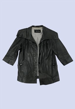 Black Retro Shoulder Pad Real Leather Collared Biker Jacket