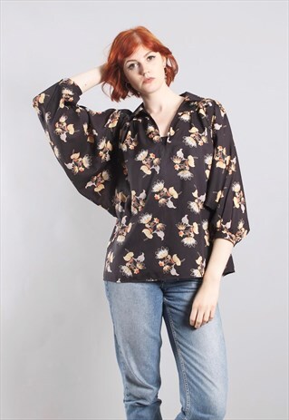 VINTAGE 70S FLORAL BATWING BOHO BLOUSE TOP