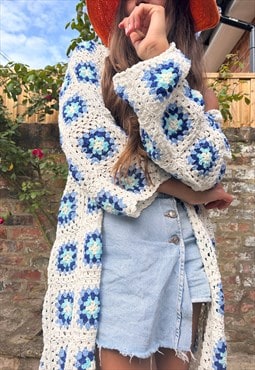 Milos White & Blue maxi crochet cardigan with tassels