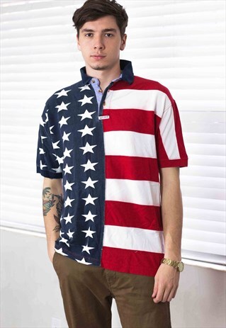 VINTAGE US FLAG POLO SHIRT 90S M 12.1