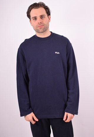 FILA MENS VINTAGE SWEATSHIRT JUMPER LARGE NAVY BLUE 90S