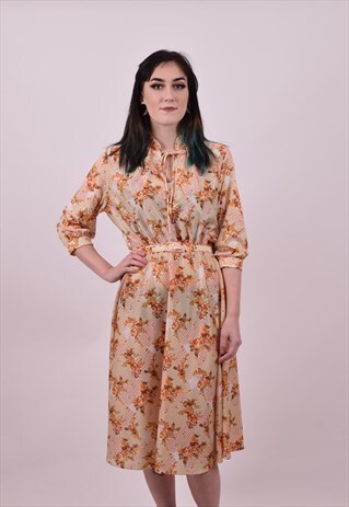 VINTAGE 70'S ORANGE CRAZY PRINT DRESS SIZE 12 TO SMALL 16