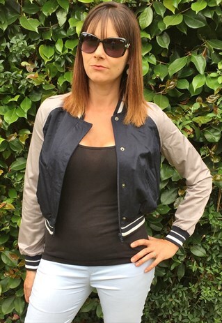 BLUE & GREY CROPPED BASEBALL STYLE JACKET