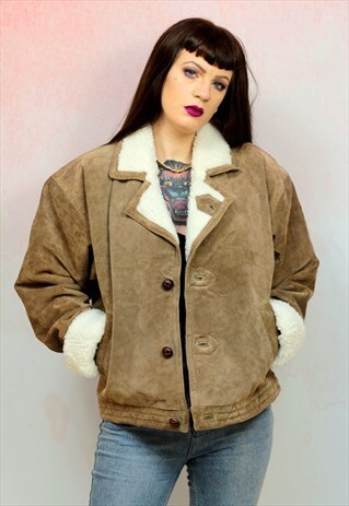 1990S VINTAGE FAUX SUEDE AND SHEARLING TAN JACKET