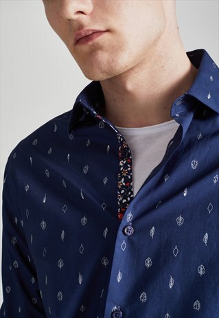 NAVY/WHITE SLIM FIT PRINT WITH CONTRAST PLACKET