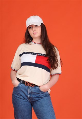 CUSTARD/RED/NAVY TOMMY HILFIGER SHORT SLEEVE BRANDED T-SHIRT