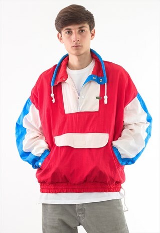 VINTAGE LACOSTE PULLOVER WINDBREAKER 80S 90S WHITE RED BLUE