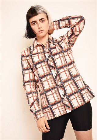 70'S RETRO CHECKED TARTAN PRINT FESTIVAL SHIRT TOP