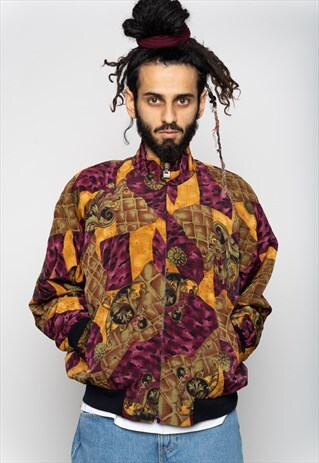 BROWN GREEN RED ORANGE CRAZY PATTERN ZIP BOMBER JACKET L