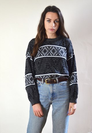 80S VINTAGE BLACK & WHITE PATTERN KNIT JUMPER