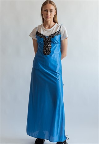 VINTAGE 60S BLUE MAXI SLIP WITH SPAGETTI STRAPS