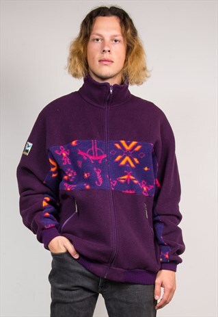 90'S VINTAGE PURPLE WAVEY PATTERN FESTIVAL FLEECE JACKET