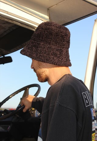 VINTAGE 90S BLACK CHENILLE FABRIC BUCKET HAT (UNISEX)