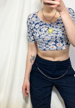 Vintage Crop Top 90s Upcycled Doodle Flower Tee Blue Cotton
