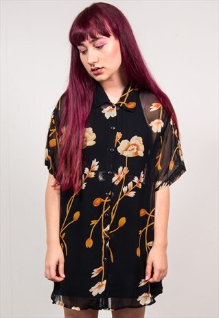 VINTAGE 90'S BLACK FLORAL PRINT SHEER SHORT SLEEVE SHIRT