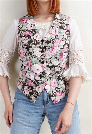 VINTAGE 70S COTTAGE BUTTON UP V-NECK MULTI FLORAL WOMEN VEST