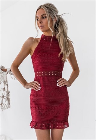 WINE CROCHET PANELLING CUT-OUT LACE DRESS