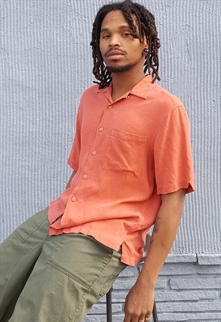 90S MINIMALIST LUXURY CORAL ORANGE SILK CAMP SHIRT SMALL