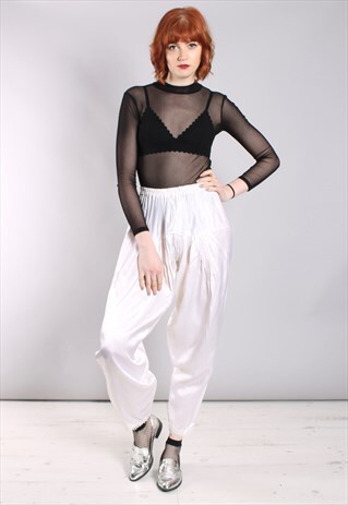 VINTAGE 80S WHITE SATIN BEADED HAREM PANTS