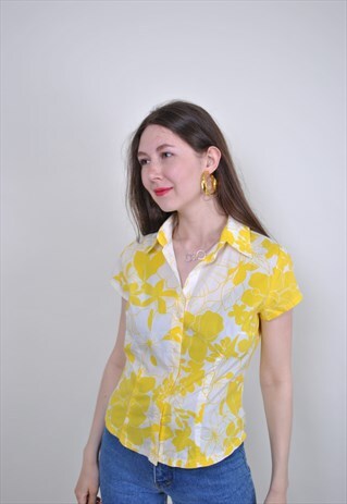 80S WHITE HAWAII SHIRT WITH FLORAL PRINT, SIZE S